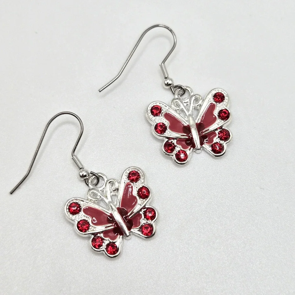 Butterfly Earrings Red White Rhinestone Silvertone Pierced Cute Whimsy Lot Of 2
